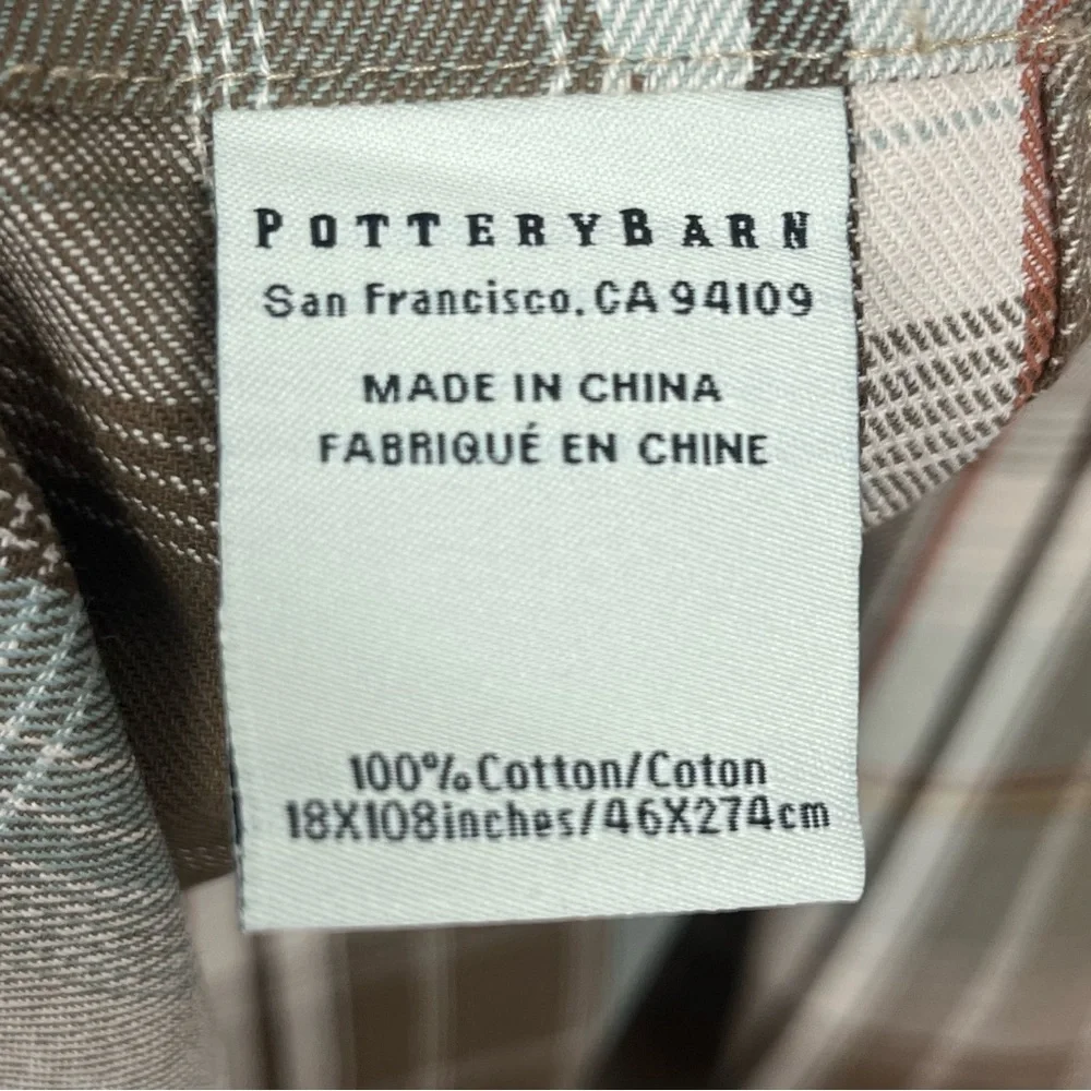 Pottery Barn 100% cotton ivory & brown plaid 18” x 108” tablerunner.